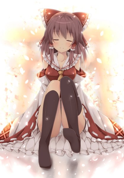 Anime picture 618x885 with touhou hakurei reimu samegami single long hair tall image blush fringe light erotic smile brown hair sitting eyes closed traditional clothes head tilt japanese clothes wide sleeves sparkle pantyshot no shoes
