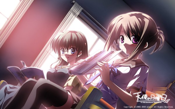 Anime picture 1920x1200 with ef a fairy tale of the two hayama mizuki asou sumire nanao naru highres blue eyes brown hair wide image purple eyes multiple girls reading girl thighhighs 2 girls glasses serafuku