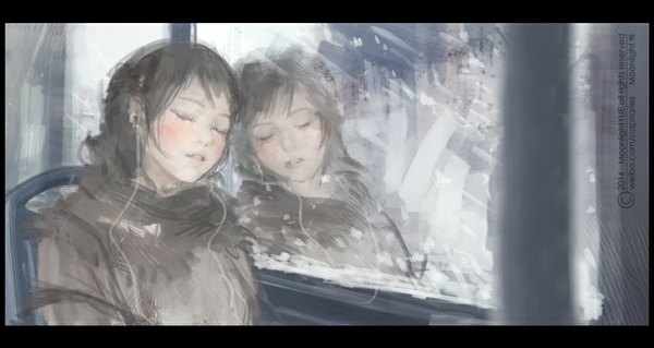 Anime picture 1025x545 with original moonlight (moonlighttu) single long hair blush fringe open mouth brown hair wide image sitting eyes closed parted lips reflection sleeping girl window headphones coat