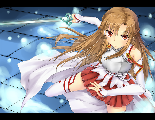 Anime picture 1800x1400 with sword art online a-1 pictures yuuki asuna minami machi single long hair looking at viewer highres red eyes brown hair girl thighhighs skirt weapon detached sleeves miniskirt white thighhighs sword