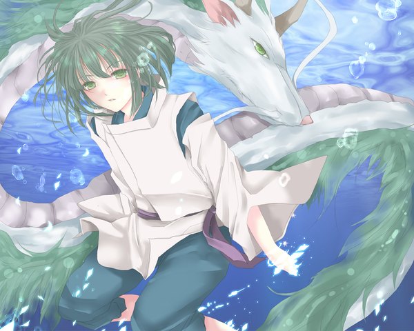 Anime picture 1280x1024 with spirited away studio ghibli haku (spirited away) haku (dragon) rara419 short hair black hair green eyes japanese clothes fantasy dual persona boy water bubble (bubbles) dragon eastern dragon