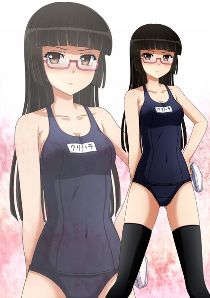 Anime picture 1060x1500 with miniskirt pirates chiaki kurihara kenken long hair tall image blush black hair brown eyes zoom layer girl thighhighs black thighhighs swimsuit glasses one-piece swimsuit school swimsuit