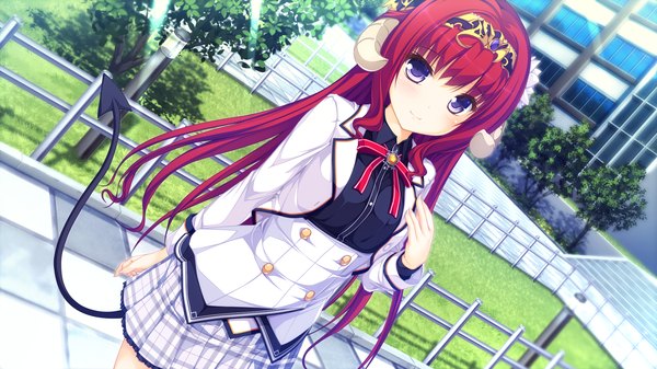 Anime picture 1920x1080 with world election whirlpool (studio) sophia usty single long hair looking at viewer highres blue eyes smile wide image game cg red hair tail horn (horns) girl uniform school uniform headband