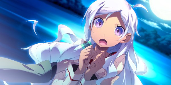 Anime picture 2400x1200 with kaminoyu (game) long hair highres open mouth wide image purple eyes game cg purple hair girl uniform school uniform moon