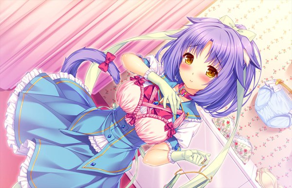 Anime picture 1280x826 with neko paradise neko works (studio) cinnamon (sayori) sayori single looking at viewer blush short hair breasts light erotic smile animal ears yellow eyes game cg purple hair indoors tail animal tail cat ears cat girl