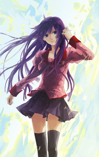 Anime picture 697x1104 with bakemonogatari shaft (studio) monogatari (series) senjougahara hitagi noir (ibaraki) single long hair tall image blue eyes looking away purple hair wind hand on head girl thighhighs uniform black thighhighs school uniform