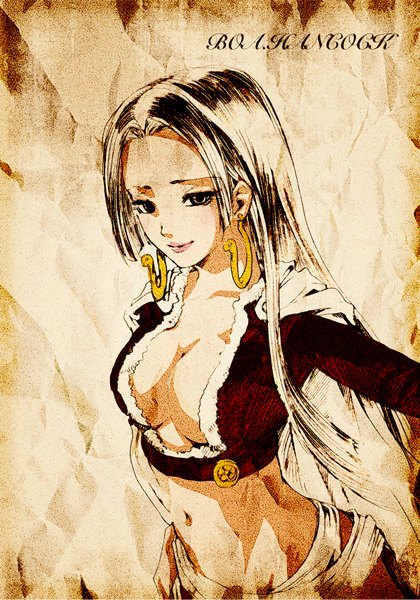 Anime picture 1181x1687 with one piece toei animation boa hancock nagasode fusoku single long hair tall image looking at viewer blush light erotic brown hair brown eyes cleavage light smile inscription lipstick monochrome shichibukai girl navel