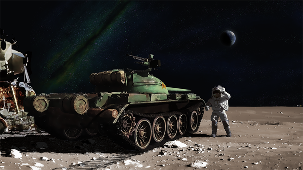 Anime picture 1600x900 with original ea18g wide image space astronaut boy weapon gun moon ground vehicle planet earth tank caterpillar tracks spacesuit
