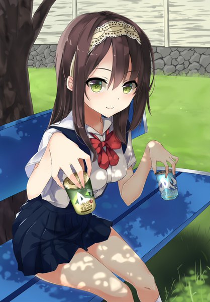 Anime picture 947x1360 with original yitiao yuxian single long hair tall image looking at viewer blush smile brown hair sitting holding green eyes bent knee (knees) outdoors pleated skirt shadow leaning leaning forward girl skirt