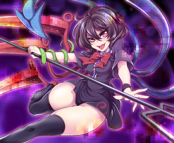 Anime picture 1785x1470 with touhou houjuu nue uousa single highres short hair open mouth black hair red eyes girl thighhighs black thighhighs wings bowtie snake trident