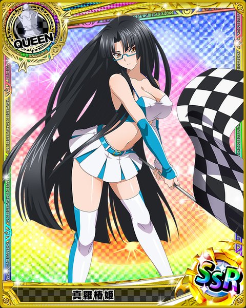 Anime picture 640x800 with highschool dxd shinra tsubaki single tall image looking at viewer breasts light erotic black hair brown eyes very long hair card (medium) girl thighhighs skirt miniskirt glasses flag checkered flag