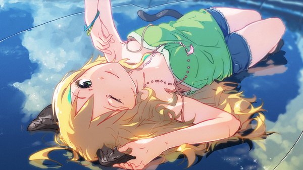Anime picture 1920x1080 with idolmaster hoshii miki vc3000mg single long hair looking at viewer highres blonde hair wide image green eyes animal ears sky cloud (clouds) tail lying animal tail one eye closed wink cat ears on back