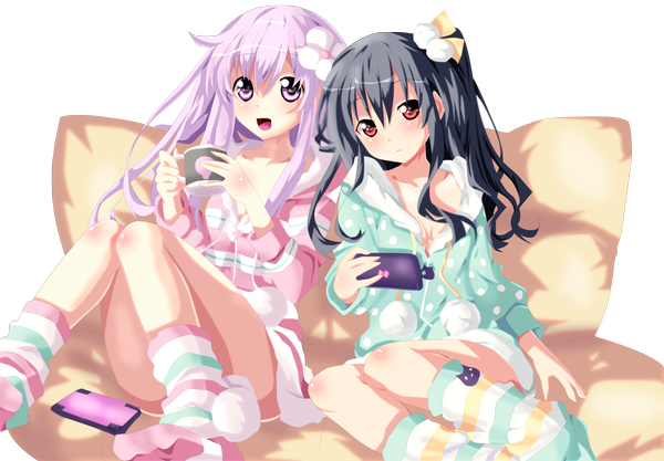 Anime picture 4600x3200 with choujigen game neptune nepgear uni (choujigen game neptune) stingcunha long hair blush highres open mouth light erotic black hair smile multiple girls pink hair absurdres ponytail pink eyes hair flower orange eyes coloring side ponytail