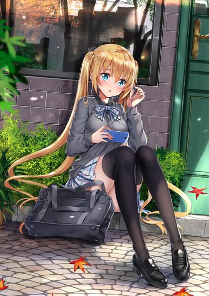 Anime picture 1696x2400 with blend s a-1 pictures hinata kaho swordsouls single tall image blush fringe open mouth blue eyes blonde hair hair between eyes sitting twintails holding payot bent knee (knees) outdoors long sleeves very long hair