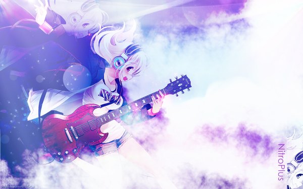 Anime picture 1440x900 with nitroplus super sonico long hair red eyes wide image white hair profile girl jacket shorts headphones t-shirt musical instrument guitar