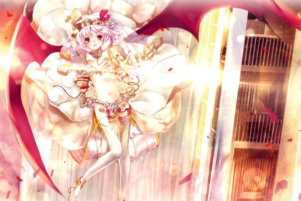 Anime picture 1300x869 with touhou remilia scarlet heco (mama) single blush short hair open mouth red eyes silver hair girl dress navel petals wings bonnet