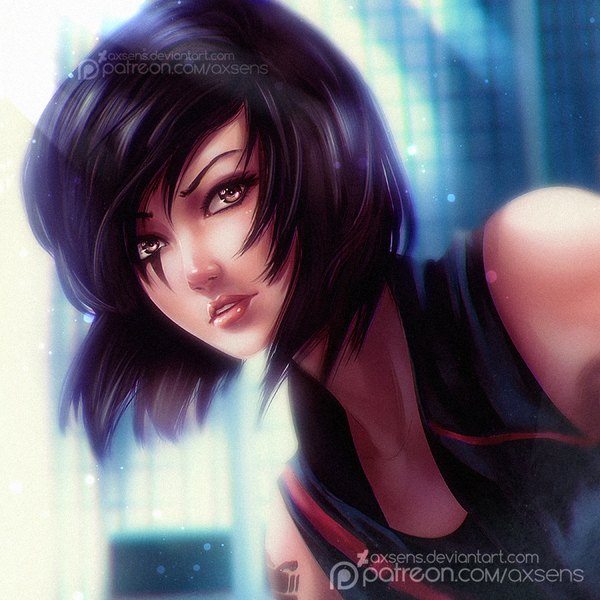 Anime picture 800x800 with mirror's edge faith connors axsen single looking at viewer fringe short hair black hair bare shoulders brown eyes signed parted lips lips sunlight realistic tattoo facial mark ilya kuvshinov (style) girl