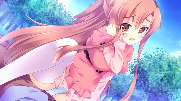 Anime picture 2168x1220 with zutto sukishite takusan sukishite long hair blush highres open mouth light erotic brown hair wide image brown eyes game cg girl thighhighs dress underwear panties white thighhighs