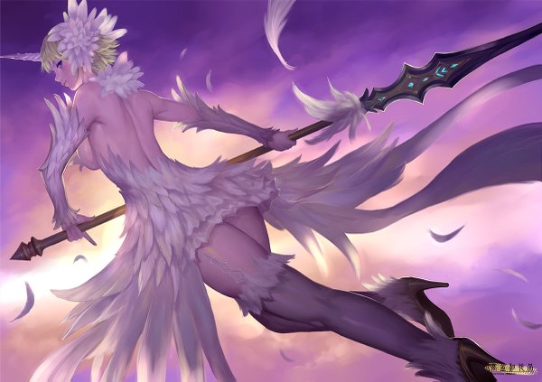Anime picture 1200x847 with original ariver kao single looking at viewer short hair breasts light erotic blonde hair large breasts purple eyes bare shoulders holding sky cloud (clouds) bent knee (knees) looking back horn (horns) high heels bare back flying