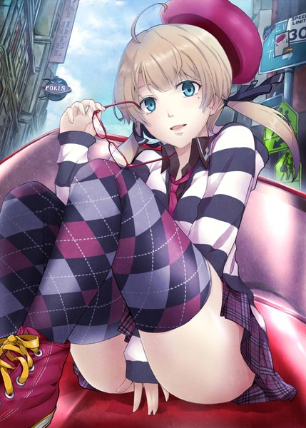 Anime picture 1200x1679 with original pokimari single tall image looking at viewer short hair open mouth blue eyes light erotic blonde hair sky cloud (clouds) ahoge bent knee (knees) pleated skirt mole mole under eye plaid skirt striped between legs