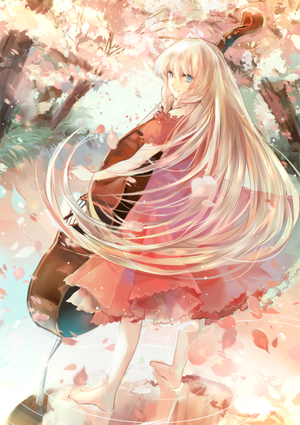 Anime picture 707x1000 with vocaloid ia (vocaloid) rudrawong single long hair tall image looking at viewer blue eyes smile standing white hair looking back barefoot from behind bare legs no shoes back reflection girl dress