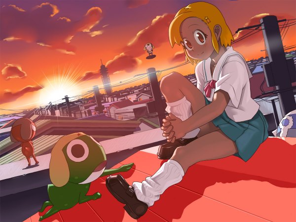 Anime picture 1200x900 with keroro gunsou angol mois keroro lunch (lunch3) short hair blonde hair red eyes sitting sky cloud (clouds) shadow evening sunset girl skirt socks gaiters