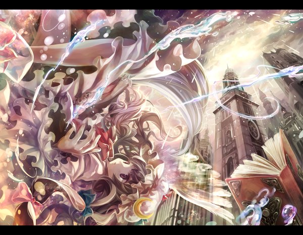 Anime picture 1300x1009 with touhou patchouli knowledge torino aqua single long hair black hair brown eyes cloud (clouds) magic letterboxed crescent girl dress water book (books) bonnet tower