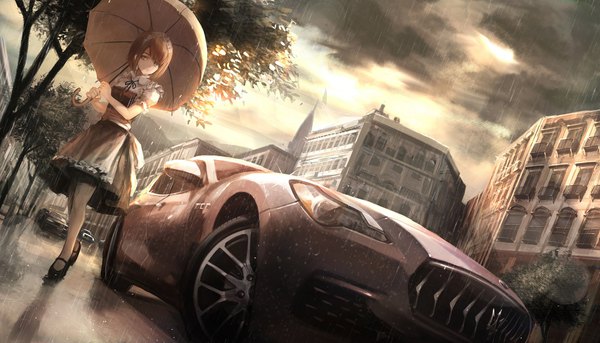Anime picture 1885x1079 with original maserati koh (minagi kou) single looking at viewer fringe highres short hair brown hair wide image holding brown eyes cloud (clouds) outdoors head tilt from below maid rain girl dress