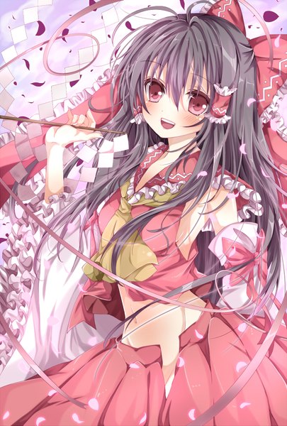 Anime picture 1234x1825 with touhou hakurei reimu nanase nao single long hair tall image looking at viewer blush open mouth black hair red eyes bare shoulders midriff miko girl skirt navel bow hair bow detached sleeves