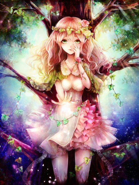 Anime picture 1200x1600 with original clona single long hair tall image looking at viewer open mouth green eyes pink hair hair flower light smile pointy ears against tree girl dress hair ornament flower (flowers) plant (plants) tree (trees) rose (roses)