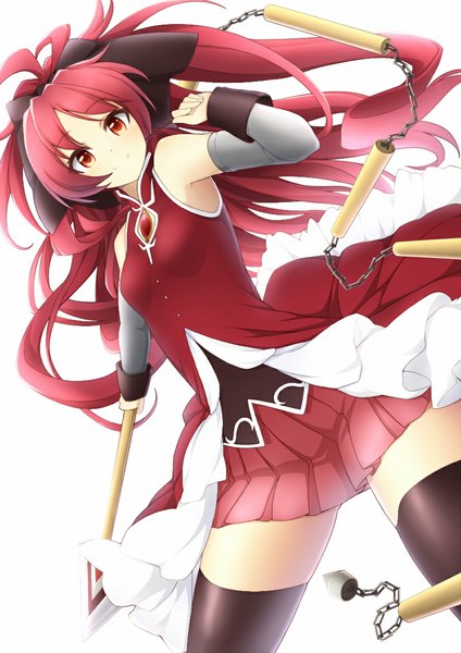 Anime picture 826x1169 with mahou shoujo madoka magica shaft (studio) sakura kyouko jampen single long hair tall image looking at viewer simple background smile red eyes white background red hair girl thighhighs dress skirt bow black thighhighs hair bow