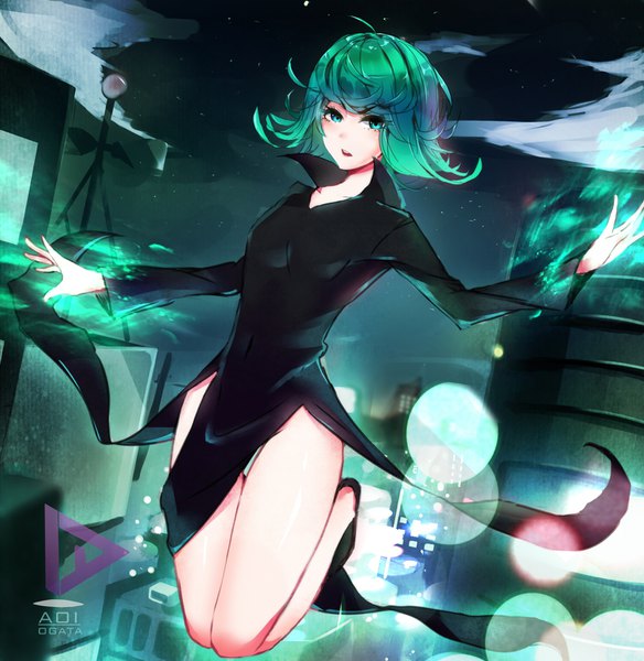 Anime picture 1500x1542 with one-punch man madhouse tatsumaki aoi ogata single tall image blush fringe short hair open mouth light erotic green eyes signed sky cloud (clouds) bent knee (knees) long sleeves green hair night bare legs