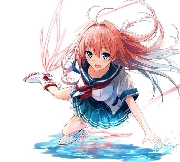 Anime picture 953x862 with ao no kanata no four rhythm sprite (company) kurashina asuka tsuedzu single long hair looking at viewer blush open mouth blue eyes simple background hair between eyes white background pink hair ahoge side ponytail flying girl uniform wings