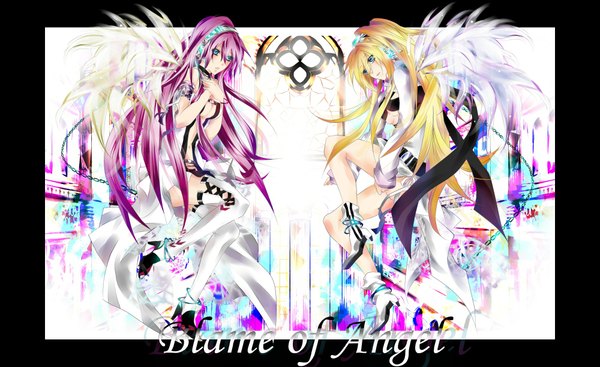 Anime picture 2000x1224 with vocaloid megurine luka lily (vocaloid) tagme (artist) long hair highres light erotic blonde hair wide image multiple girls pink hair border outside border girl 2 girls wings