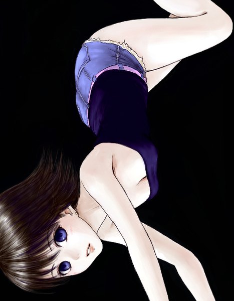 Anime picture 1018x1308 with original erurodo (artist) single tall image looking at viewer blush short hair breasts simple background brown hair purple eyes bare shoulders black background upside down girl earrings shorts short shorts