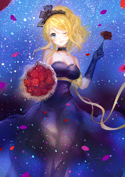Anime picture 1000x1414 with love live! school idol project sunrise (studio) love live! ayase eli vetina single long hair tall image looking at viewer blue eyes blonde hair smile ponytail one eye closed wink girl dress gloves flower (flowers) black gloves