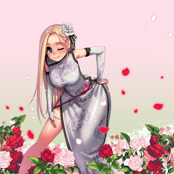 Anime picture 1024x1024 with original kamdia (artist) single long hair blush blue eyes blonde hair one eye closed wink chinese clothes girl flower (flowers) detached sleeves petals chinese dress