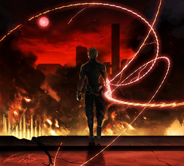 Anime picture 1111x1000 with original luen kulo single short hair blonde hair standing signed shadow city magic smoke muscle red moon crack boy gloves moon fire flame