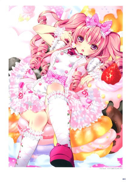 Anime picture 2446x3500 with original kamiya maneki single long hair tall image highres pink hair purple hair scan drill hair girl dress bow hair bow socks food frills sweets white socks berry (berries)