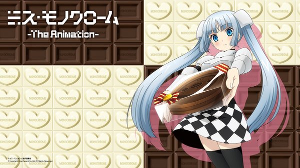 Anime picture 1920x1080 with miss monochrome miss monochrome (character) single long hair looking at viewer blush highres blue eyes wide image twintails silver hair valentine girl thighhighs dress black thighhighs food sweets gift chocolate