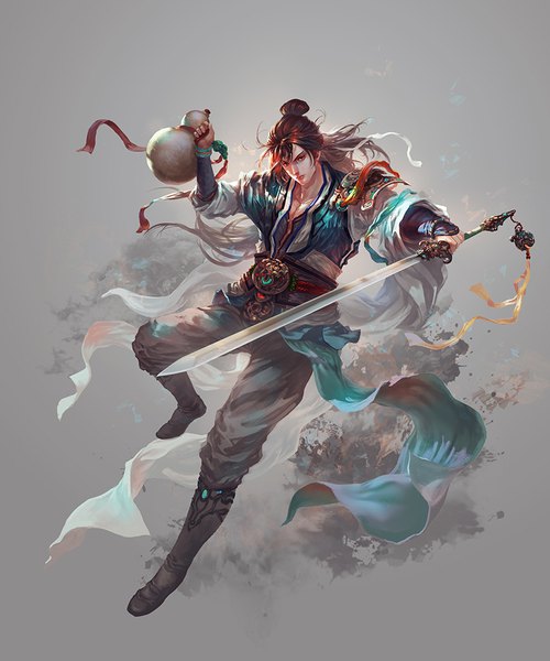 Anime picture 800x960 with the smiling proud wanderer linghu chong antilous (anti) single long hair tall image looking at viewer fringe simple background brown hair holding brown eyes full body bent knee (knees) ponytail traditional clothes head tilt arm up grey background hair bun (hair buns)
