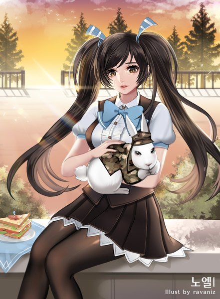Anime picture 1716x2331 with original ravaniz single tall image looking at viewer highres black hair sitting twintails brown eyes very long hair girl skirt ribbon (ribbons) plant (plants) hair ribbon animal pantyhose tree (trees) bowtie
