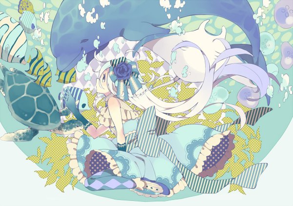 Anime picture 1255x883 with vocaloid ia (vocaloid) buuta single long hair blue eyes sitting bare shoulders ahoge white hair braid (braids) profile multicolored hair high heels underwater girl dress gloves hair ornament flower (flowers)