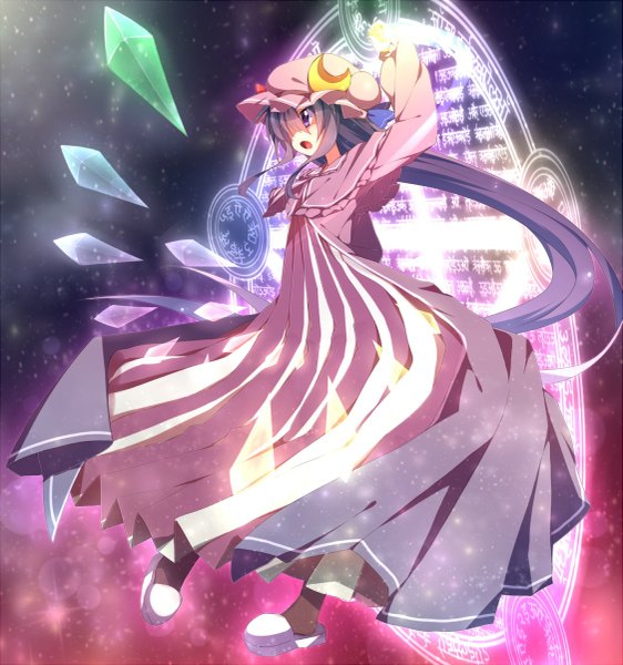 Anime picture 1125x1200 with touhou patchouli knowledge single long hair tall image fringe open mouth purple eyes purple hair hair over one eye magic hieroglyph girl dress bonnet crystal magic circle