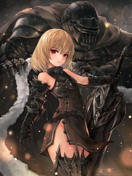 Anime picture 3000x4000 with original crystalherb single tall image looking at viewer blush fringe highres short hair blonde hair hair between eyes red eyes standing bare shoulders parted lips fur trim knight girl weapon boots