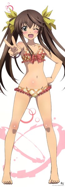 Anime picture 1998x5706 with infinite stratos 8bit fang linyin long hair tall image blush highres open mouth light erotic brown hair white background twintails green eyes one eye closed wink official art teeth fang (fangs) girl navel