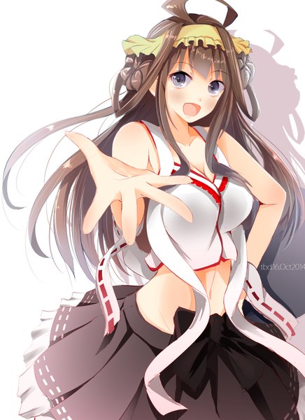 Anime-Bild 1454x2000 mit kantai collection kongou battleship tebi (tbd11) single long hair tall image looking at viewer blush fringe open mouth simple background brown hair white background purple eyes bare shoulders signed ahoge bare belly :o shadow