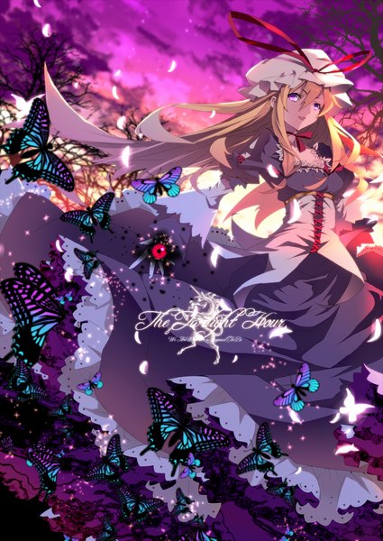 Anime picture 1000x1412 with touhou yakumo yukari karlwolf single long hair tall image blonde hair purple eyes sky wind inscription evening sunset girl dress plant (plants) petals tree (trees) insect butterfly