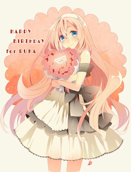 Anime picture 2000x2623 with vocaloid megurine luka temari (deae) single long hair tall image looking at viewer blush highres blue eyes smile pink hair inscription happy birthday girl dress flower (flowers) petals hairband rose (roses)