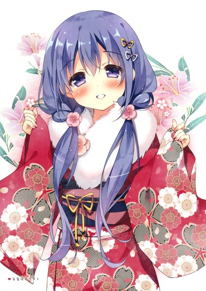 Anime picture 2333x3300 with original pan (mimi) single long hair tall image looking at viewer blush highres hair between eyes white background purple eyes blue hair braid (braids) traditional clothes japanese clothes scan twin braids floral background girl flower (flowers)